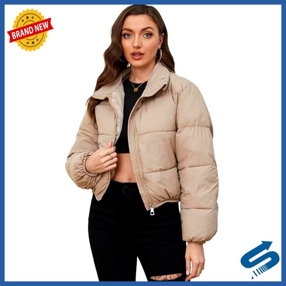 Women's Cropped Puffer Jacket Quilted Lightweight Stand Collar Full Zip